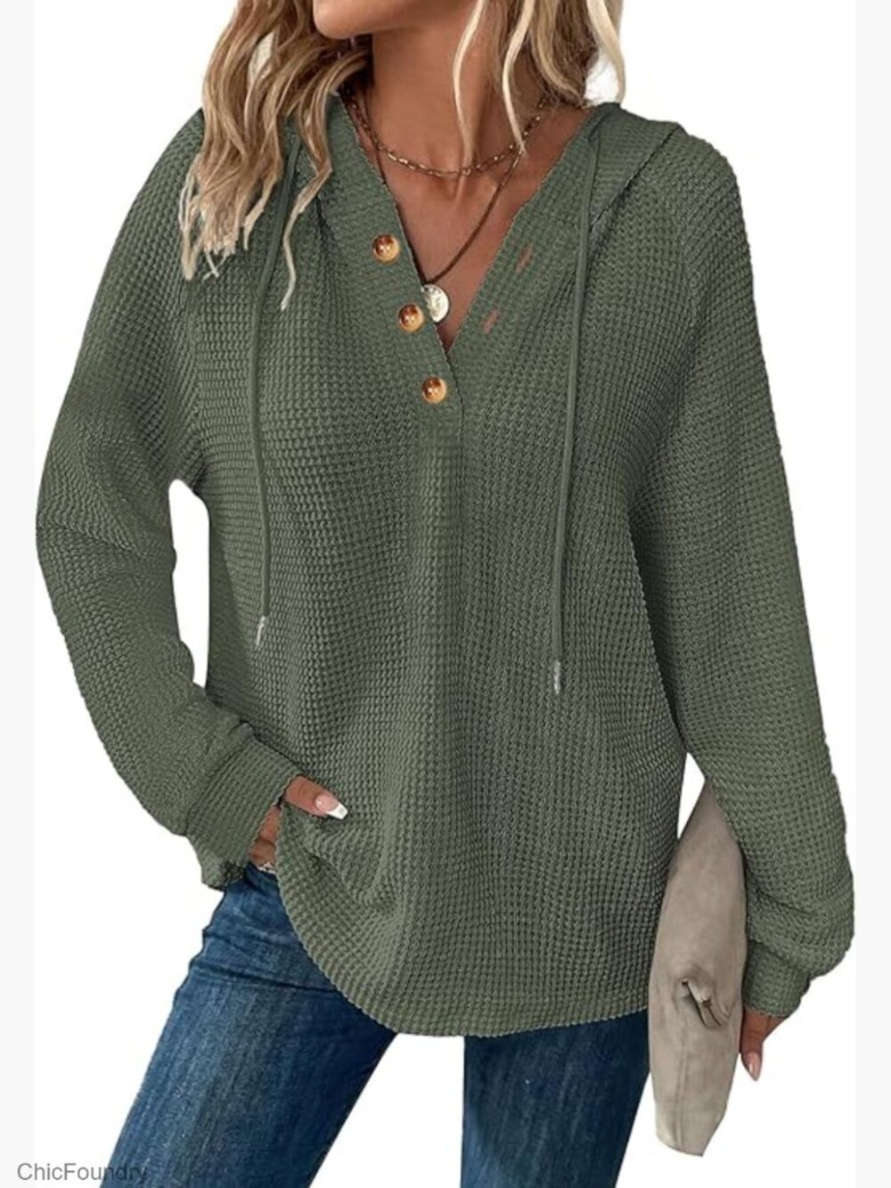 Oversized V-Neck Waffle Knit Hoodie with Buttons and Drawstring